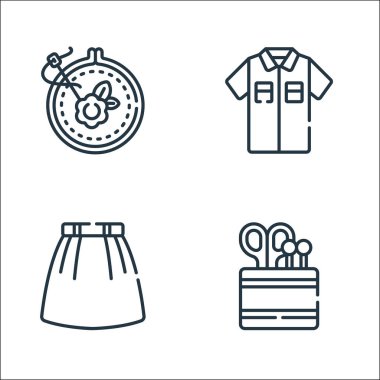 Dikiş çizgisi simgeleri. Doğrusal küme. Dikiş araçları, etek, gömlek gibi kalite vektör çizgisi