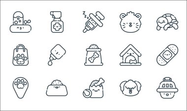 Evcil hayvan kuyruğu simgeleri. Doğrusal küme. Hayvan taşıyıcısı, hayvan dükkanı, konum, köpek, evcil hayvan kasesi, alışveriş torbası, köpek evi, hamster, sprey gibi kalite vektör dizileri