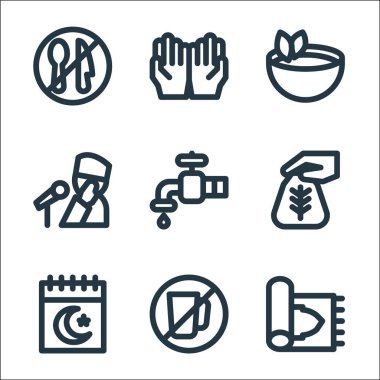 Ramadhan çizgi simgeleri. Doğrusal küme. Sajadah, oruç, takvim, zekat, su, adzan, çay, dua gibi kalite vektör dizileri