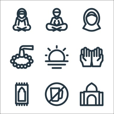 Ramadhan çizgi simgeleri. Doğrusal küme. Cami, oruç, sajadah, dua, gün doğumu, boncuklar, avatar, okuma gibi kalite vektör dizileri