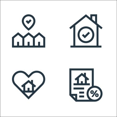 Emlak çizgisi simgeleri. Doğrusal küme. İndirim, favori, seçilmiş gibi kalite vektör çizgisi