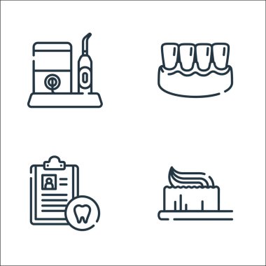 Diş bakımı ikonları. Doğrusal küme. Diş fırçası, diş fırçası, diş eti gibi kalite vektör çizgisi