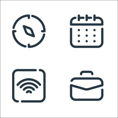 seyahat çizgisi simgeleri. Doğrusal küme. bavul, kablosuz ağ, takvim gibi kalite vektör çizgisi