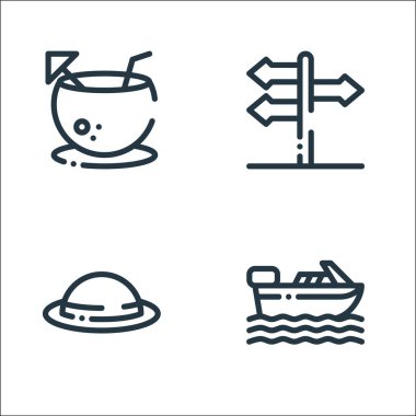 Yaz tatili sembolleri. Doğrusal küme. Kaliteli vektör çizgisi, tekne, şapka, yön gibi.