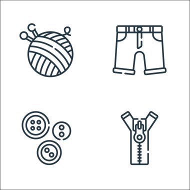 Dikiş çizgisi simgeleri. Doğrusal küme. kalite vektör çizgisi, düğmeler, şortlar gibi