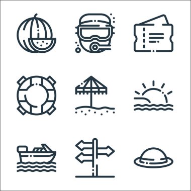 Yaz tatili sembolleri. Doğrusal küme. Şapka, yön, tekne, günbatımı, şemsiye, yüzme, bilet, dalış gibi kalite vektör çizgisi