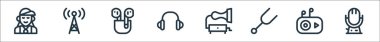 Müzik çizgisi simgeleri. Doğrusal küme. Mikrofon, mpplayer, diapason, gramofon, kulaklık, anten gibi kalite vektör dizileri