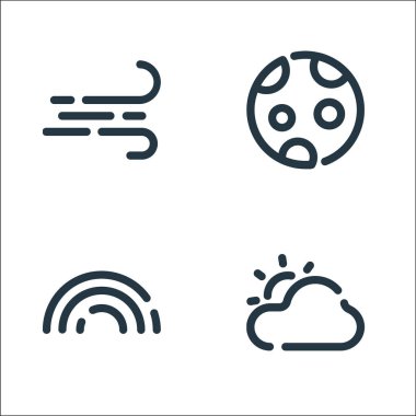 Hava çizgisi simgeleri. Doğrusal küme. Bulutlu, gökkuşağı, ay gibi kalite vektör çizgisi