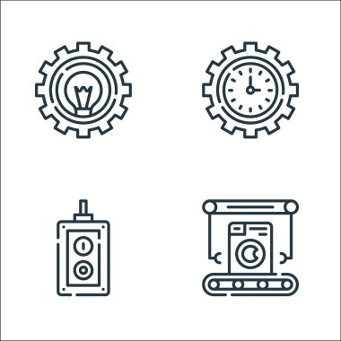 Seri üretim çizgisi simgeleri. Doğrusal küme. Çamaşır makinesi, uzaktan kumanda, üretkenlik gibi kalite vektör çizgisi