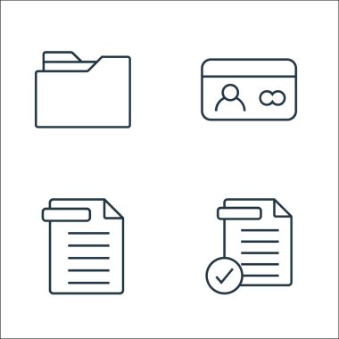 kullanıcı arayüzü satır simgeleri. Doğrusal küme. Kontrol listesi, belge, kimlik kartı gibi kalite vektör satırı kümesi