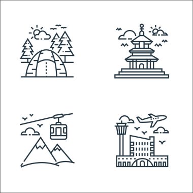 Turizm çizgisi simgeleri. Doğrusal küme. Havalimanı, teleferik, tapınak gibi kalite vektör çizgisi