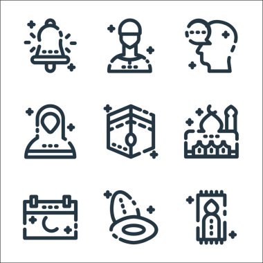 Ramazan Kareem çizgi simgeleri. Doğrusal küme. Namaz, avuç içi, hurma, cami, kabe, Müslümanlar, sohbet, Müslümanlar gibi kalite vektör dizileri