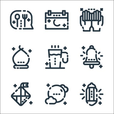 Ramazan Kareem çizgi simgeleri. Doğrusal küme. Işık, ay, elmas, zil, içecek, bina, dua, tarih gibi kalite vektör çizgisi