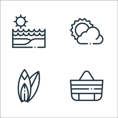 Yaz çizgisi simgeleri. Doğrusal küme. Plaj çantası, sörf tahtası, güneş gibi kalite vektör çizgisi