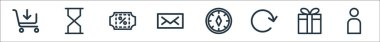 ecommerce başlatıcı paket hattı simgeleri. Doğrusal küme. Hesap, hediye, tazeleme, pusula, posta, indirim, zaman gibi kalite vektör satırı kümesi