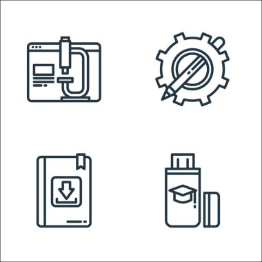 Çizgi simgeleri oluşturuluyor. Doğrusal küme. Flash disk, defter, skeç gibi kalite vektör satırı kümesi