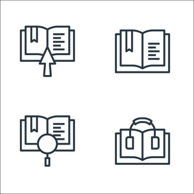 çevrimiçi öğrenme satırı simgeleri. Doğrusal küme. Ses kitabı, ansiklopedi, kitap gibi kalite vektör satırı kümesi