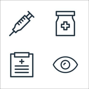 Tıbbi öğeler çizgisi simgeleri. Doğrusal küme. göz, veri, şişe gibi kalite vektör çizgisi