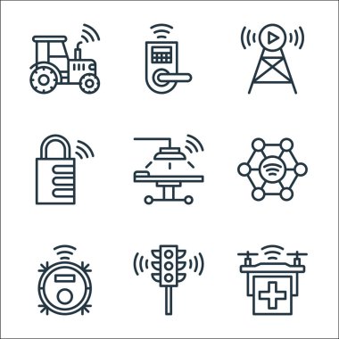 Nesnelerin internet bağlantısı simgeleri. Doğrusal küme. İHA, trafik ışığı, elektrik süpürgesi, topluluk, cerrahi, asma kilit, yayın, kapı kilidi gibi kalite vektör dizileri
