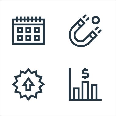 Pazarlama ve büyüme çizgisi simgeleri. Doğrusal küme. çubuk grafik, satış, mıknatıs gibi kalite vektör çizgisi
