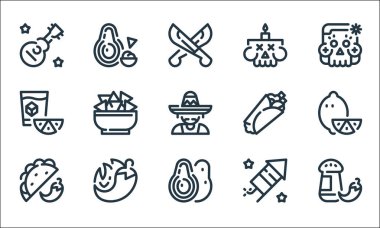 Cinco de mayonez çizgisi simgeleri. Doğrusal küme. Biber, avokado, taco, havai fişek, biber, içecek, burrito, mum, guacamole gibi kalite vektör dizileri