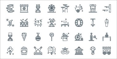 Sirk çizgisi simgeleri. Doğrusal küme. Vagon, atlıkarınca, pamuk şeker, balon, dayanıklılık, tek tekerlekli bisiklet, meşale, trambolin, davul gibi kalite vektör dizileri