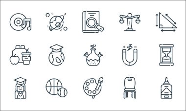 Akademi çizgisi simgeleri. Doğrusal küme. Sıvı yapıştırıcı, sanat, öğrenci, sandalye, spor, öğle yemeği, fizik, hukuk, kozmoloji gibi kalite vektör dizileri