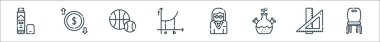 Akademi çizgisi simgeleri. Doğrusal küme. Sandalye, cetvel, kimya, öğretmen, matematik, spor, ekonomi gibi kalite vektör çizgisi