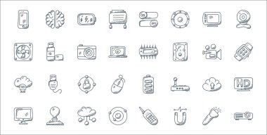 Teknoloji çizgisi simgeleri. Doğrusal küme. projektör, manyetizma, yörünge, izleme, bulut yüklemesi, ağ, smartwatch, devre, usb gibi kalite vektör çizgisi kümesi