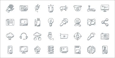 Teknoloji çizgisi simgeleri. Doğrusal küme. Woofer, hafıza kartı, sunucu, cep telefonu, meşale, bulut depolama, paylaşım, mikrofon, dizüstü bilgisayar gibi kalite vektör dizileri