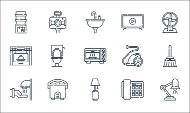 Ev aletleri hattı simgeleri. Doğrusal küme. Masa lambası, lamba, el kurutma makinesi, telefon, pilav pişirme makinesi, soba, elektrik süpürgesi, akıllı televizyon, kamera gibi kalite vektör dizileri