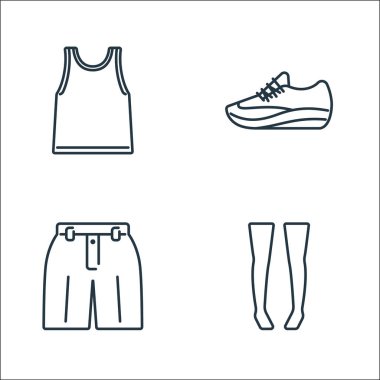 Kıyafetler ve kıyafet çizgisi simgeleri. Doğrusal küme. Diz boyu çoraplar, şortlar, spor ayakkabıları gibi kalite vektör çizgisi