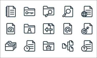 belge ve dosya satırı simgeleri. Doğrusal küme. Dosya, dizin, dizin, çizelge, dosya, fotoğraf, adres, dosya, dizin gibi kalite vektör satırı