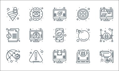 Web güvenlik çizgisi simgeleri. Doğrusal küme. CCTV kamera, virüs, sigorta, şifreleme, uyarı, belge, bomba, yasaklama, işlem gibi kalite vektör dizileri