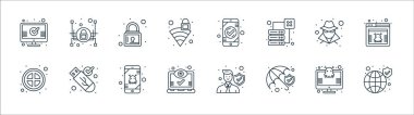 Web güvenlik çizgisi simgeleri. Doğrusal küme. Kaliteli vektör dizisi, sigorta, odaklanma, yasaklama, hacker, kilit, asma kilit gibi