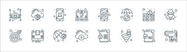 Web güvenlik çizgisi simgeleri. Doğrusal küme. CCTV kamera, wifi, bulut depolama, indirme, güvenlik duvarları, hata, kontrol, bulut verisi gibi kalite vektör dizileri