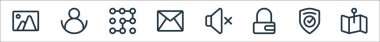 Evet çizgi simgeleri. Doğrusal küme. Harita, kalkan, asma kilit, ses, posta, kilidi açma, kullanıcı gibi kalite vektör satırı