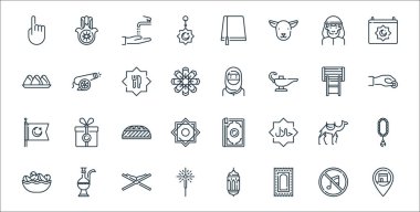 Ramazan çizgi simgeleri. Doğrusal küme. Konum, halı, maytap, tarihler, deve, şapka, bağış, kadın, top gibi kalite vektör dizileri