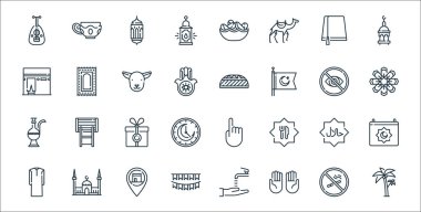 Ramazan çizgi simgeleri. Doğrusal küme. Palmiye, dua, bayraklar, tunik, helal, mevcut, çiçek, şapka, halı gibi kalite vektör çizgisi