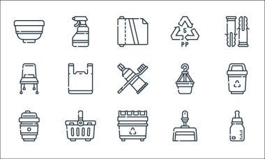 Plastik ürünler çizgisi simgeleri. Doğrusal küme. Bebek şişesi, geri dönüşüm kutusu, kahve fincanı, toz tavası, sepet, sandalye, saksı, geri dönüşüm, sprey şişe gibi kalite vektör dizileri