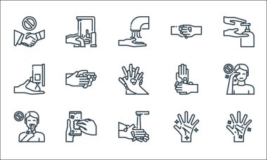 El yıkama çizgisi simgeleri. Doğrusal küme. El yıkama, el yıkama, yeme, el yıkama, akıllı telefon, yıkama, el yıkama, el yıkama gibi kalite vektör çizgisi