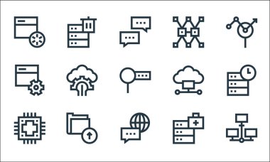 büyük veri çizgisi simgeleri. Doğrusal küme. Kalite vektör dizisi, örneğin, iletişim, veri, veritabanı, dosya, geliştirme, bulut hesaplama, veri karmaşıklığı, sil