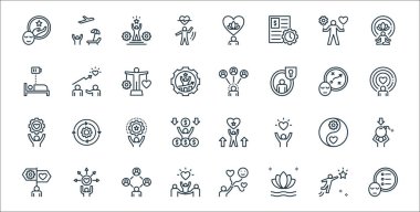 iş hayatı denge çizgisi simgeleri. Doğrusal küme. Öncelik, uyum, aile, rehberlik, sağlık, beceri, ruh, ilişki, koçluk gibi kalite vektör çizgisi