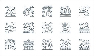 Doğa ve peyzaj çizgisi simgeleri. Doğrusal küme. Dağlar, ağaç, gökkuşağı, dağlar, kale, çöl, deniz feneri, orman, gökkuşağı gibi kalite vektör çizgisi