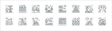 Doğa ve peyzaj çizgisi simgeleri. Doğrusal küme. Kır evi, orman, orman, tarla, değirmen, vadi, güneş yatağı, şehir manzarası gibi kalite vektör çizgisi