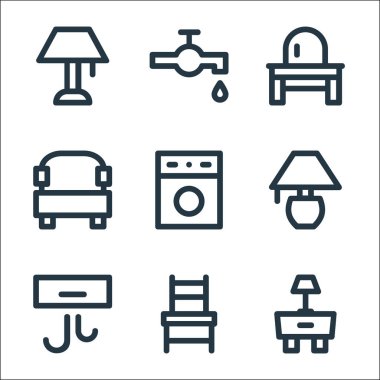 Ev eşyaları çizgisi simgeleri. Doğrusal küme. Kaliteli vektör dizisi: Komodin, sandalye, klima, lamba, çamaşır makinesi, kanepe, şifonyer, musluk