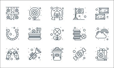 Aziz Patrick çizgisi simgeleri. Doğrusal küme. Çanta, şapka, kutlama, şeker, boynuz, at nalı, sikke, bayrak, konum gibi kalite vektör çizgisi