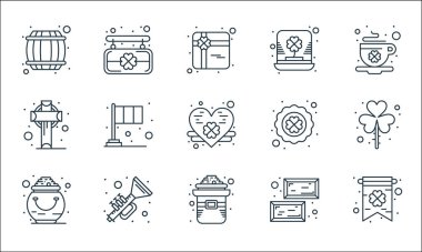 Aziz Patrick çizgisi simgeleri. Doğrusal küme. Aziz Patrick, şapka, altın kap, altın, boynuz, haç, yonca yaprağı, şapka, tahta gibi kalite vektör dizileri