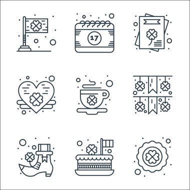 Aziz Patrick çizgisi simgeleri. Doğrusal küme. Yonca yaprağı, pasta, bot, festival, kahve, kalp, davetiye, takvim gibi kalite vektör çizgisi