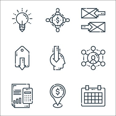 Pazarlama çizgisi simgeleri. Doğrusal küme. Zamanlama, para, yönetim, ağ, kamu, marul, e-posta, kitle fonlama gibi kalite vektör çizgisi